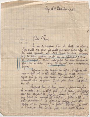 Lettre de Raymonde à son père (recto), 3 décembre 1941. © Archives nationales (France), Z/4/58 dossier 401.
