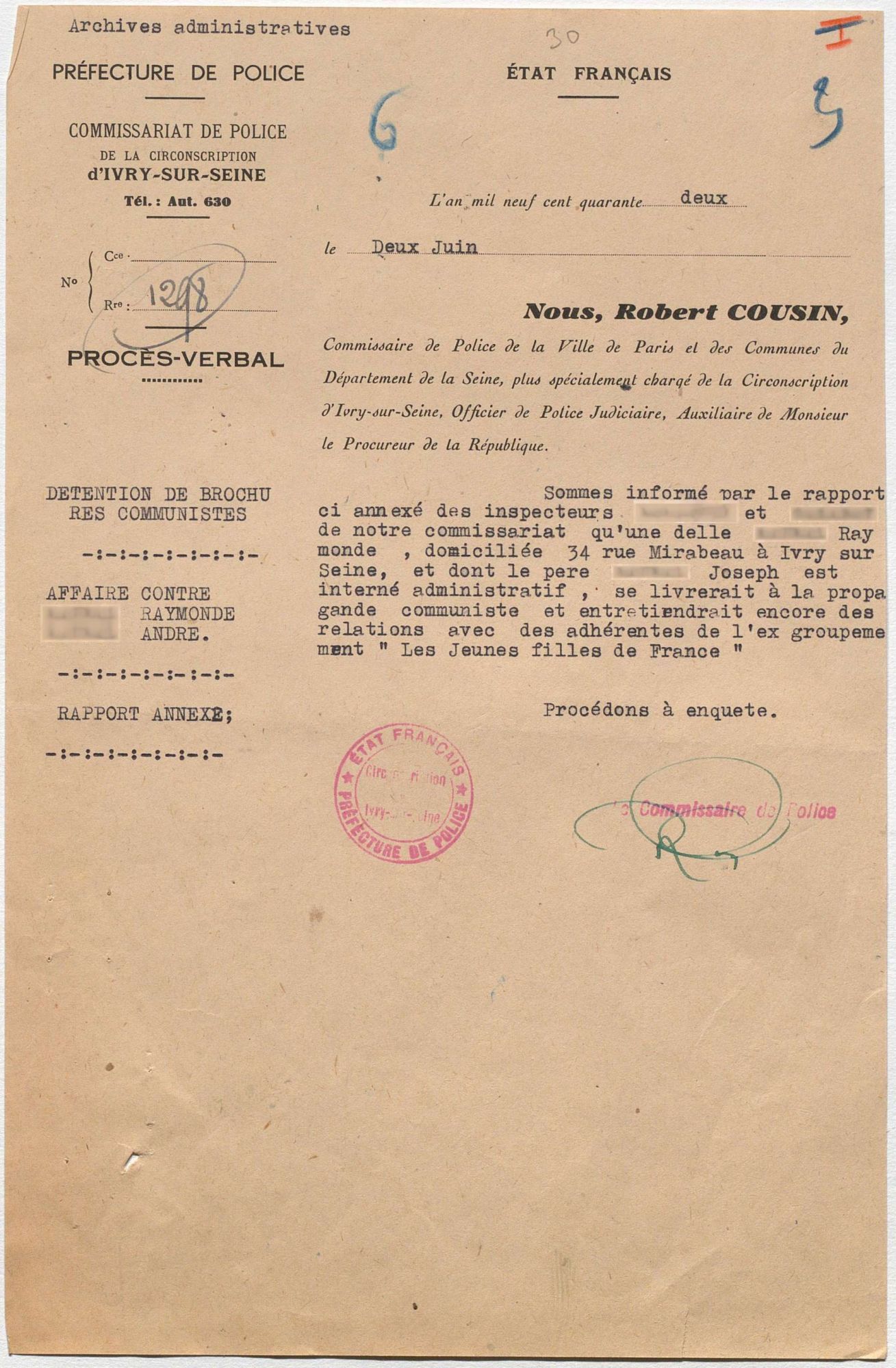 Procès-verbal d'enquête dressé par le commissaire d'Ivry, 2 juin 1942. © Archives nationales (France), Z/4/58 dossier 401.