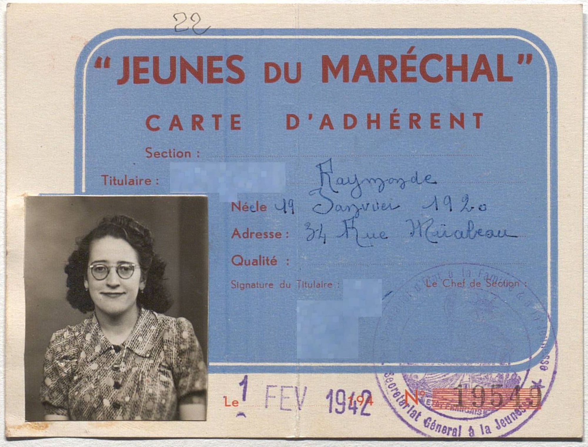 Carte des « Jeunes du Maréchal » censée induire les policiers en erreur, 1942. © Archives nationales (France), Z/4/138 dossier 400.