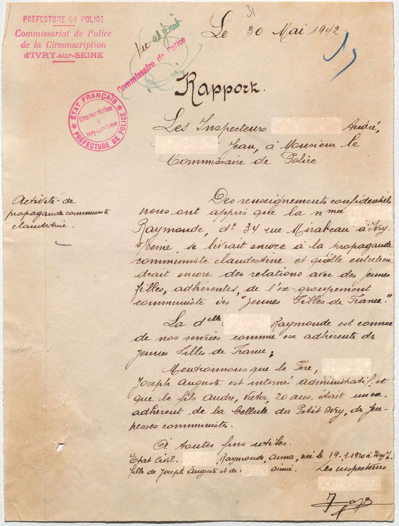 Rapport de deux inspecteurs adressé au commissaire d'Ivry, 30 mai 1942. © Archives nationales (France), Z/4/58 dossier 401.