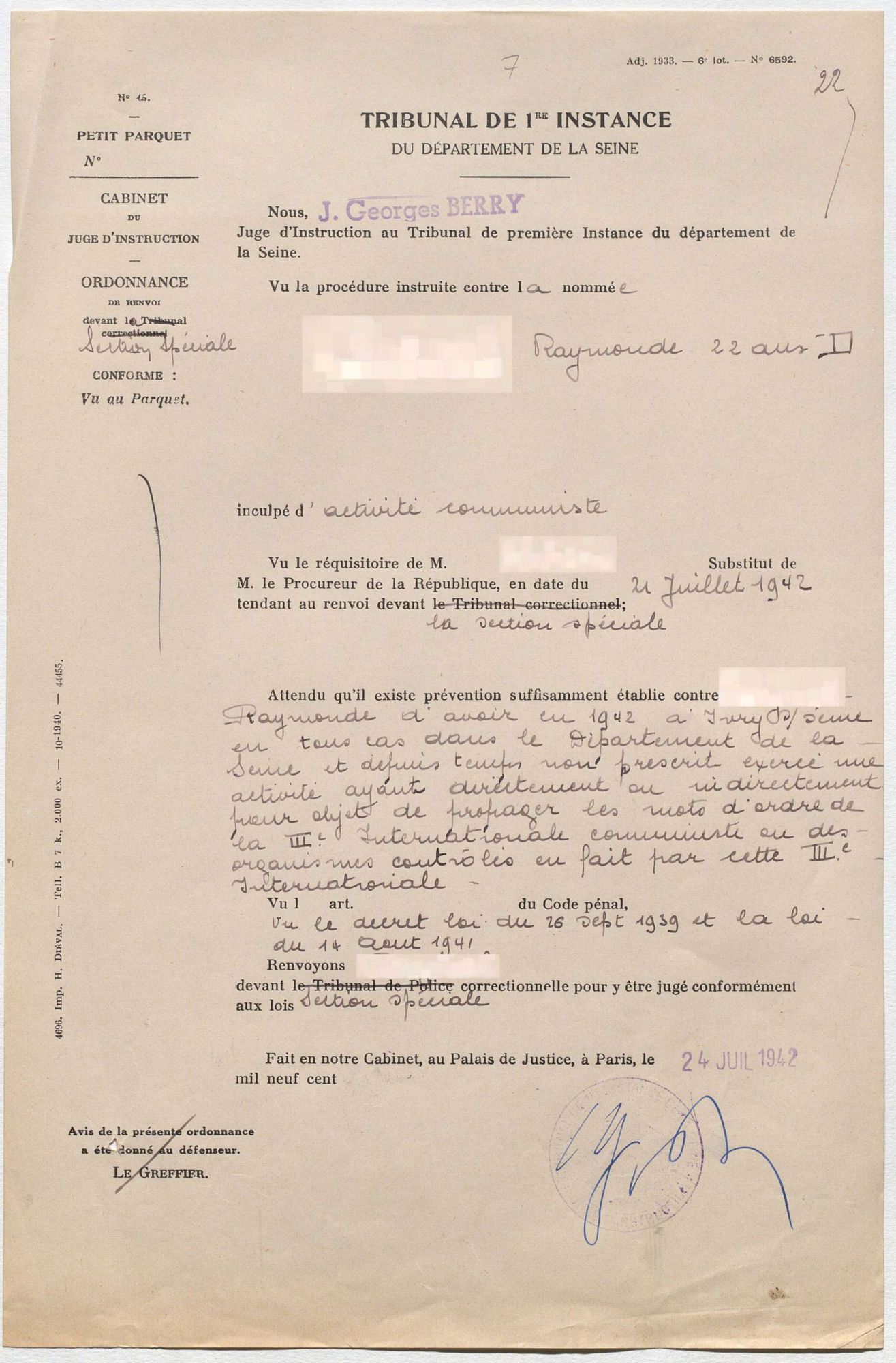 Ordonnance de renvoi de Raymonde devant la section spéciale par le tribunal de 1ère instance de la Seine, 21 juillet 1942. © Archives nationales (France), Z/4/58 dossier 401
