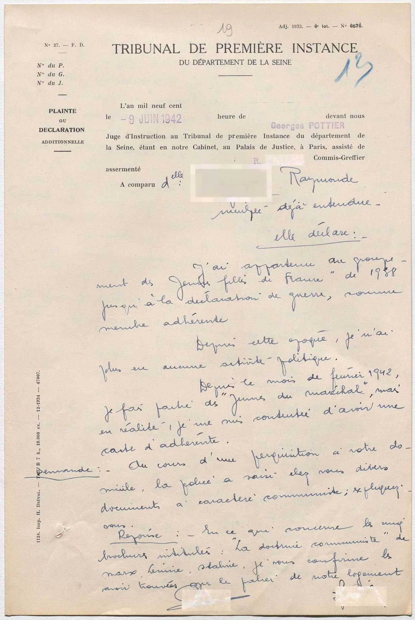 Comparution de Raymonde devant le juge d'instruction (page 1), 9 juin 1942. © Archives nationales (France), Z/4/58 dossier 401.