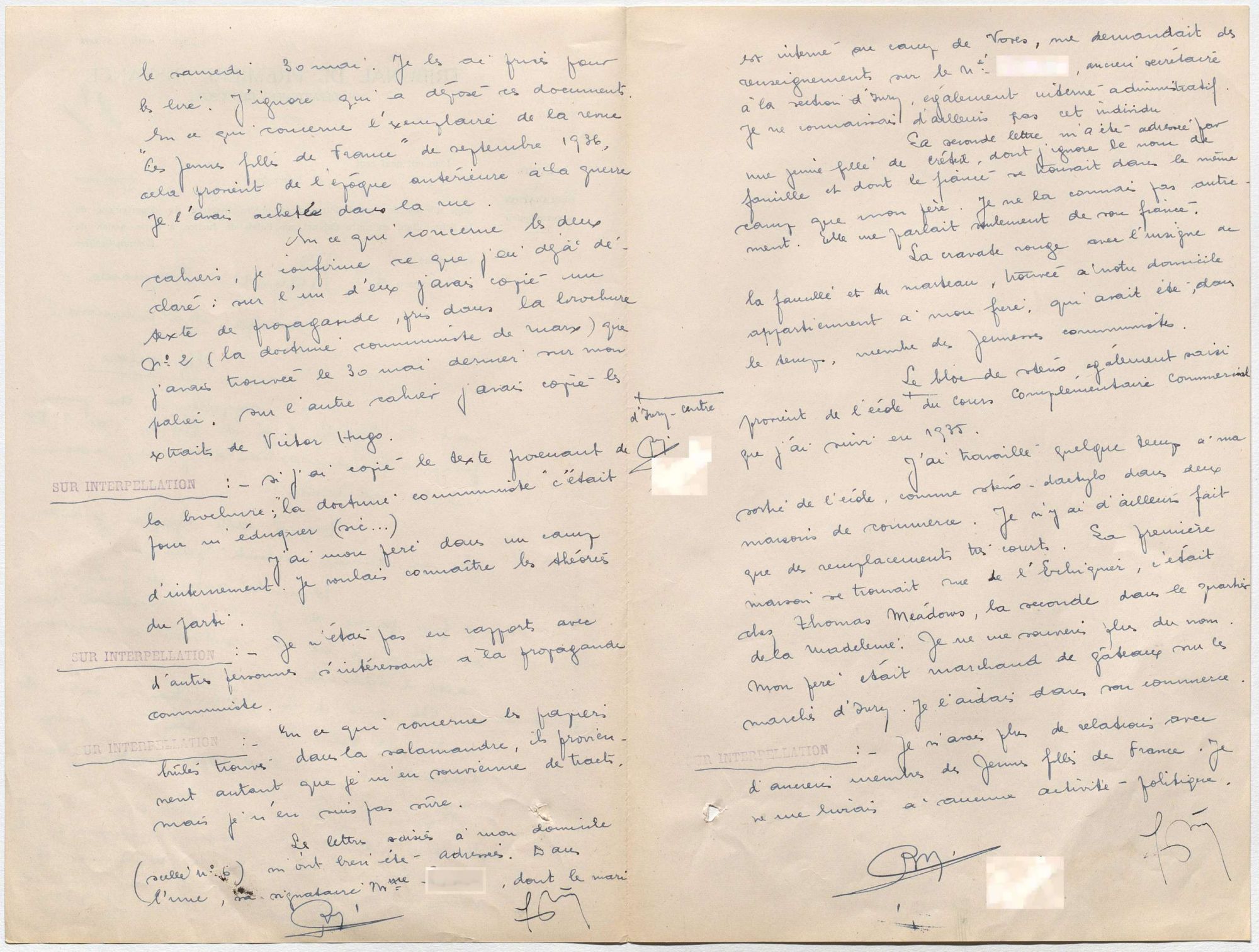 Comparution de Raymonde devant le juge d'instruction (page 2-3), 9 juin 1942. © Archives nationales (France), Z/4/58 dossier 401.