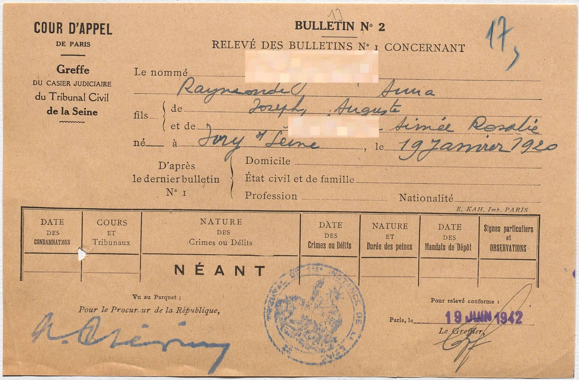 Relevé  de casier judiciaire de Raymonde, 19 juin 1942. © Archives nationales (France), Z/4/58 dossier 401.