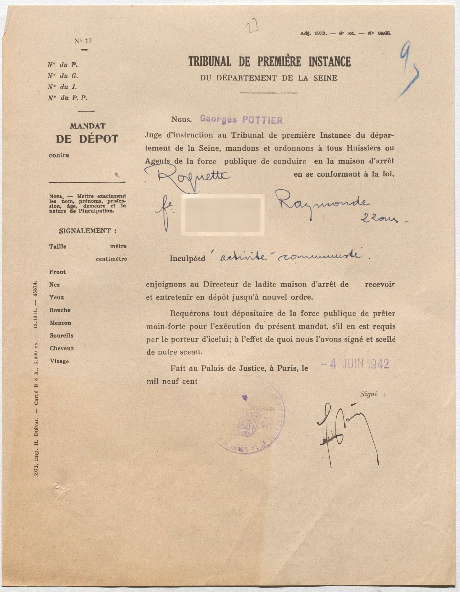 Mandat de dépôt produit par le tribunal de 1ère instance de la Seine, 4 juin 1942. © Archives nationales (France), Z/4/58 dossier 401. 