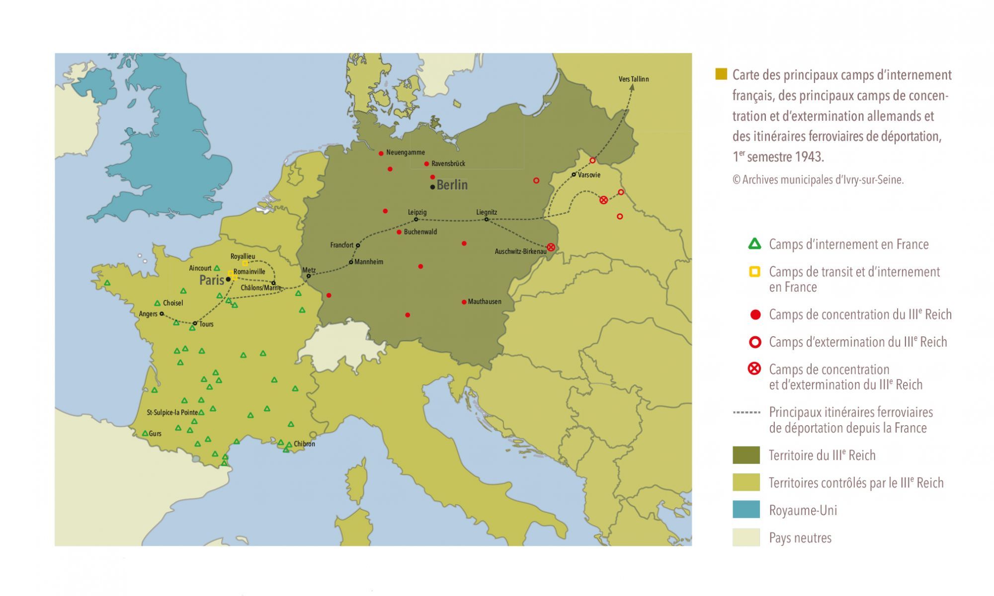 Carte des camps d'internement français et du système concentrationnaire nazi, 1er semestre 1943. © Archives municipales d'Ivry-sur-Seine. 