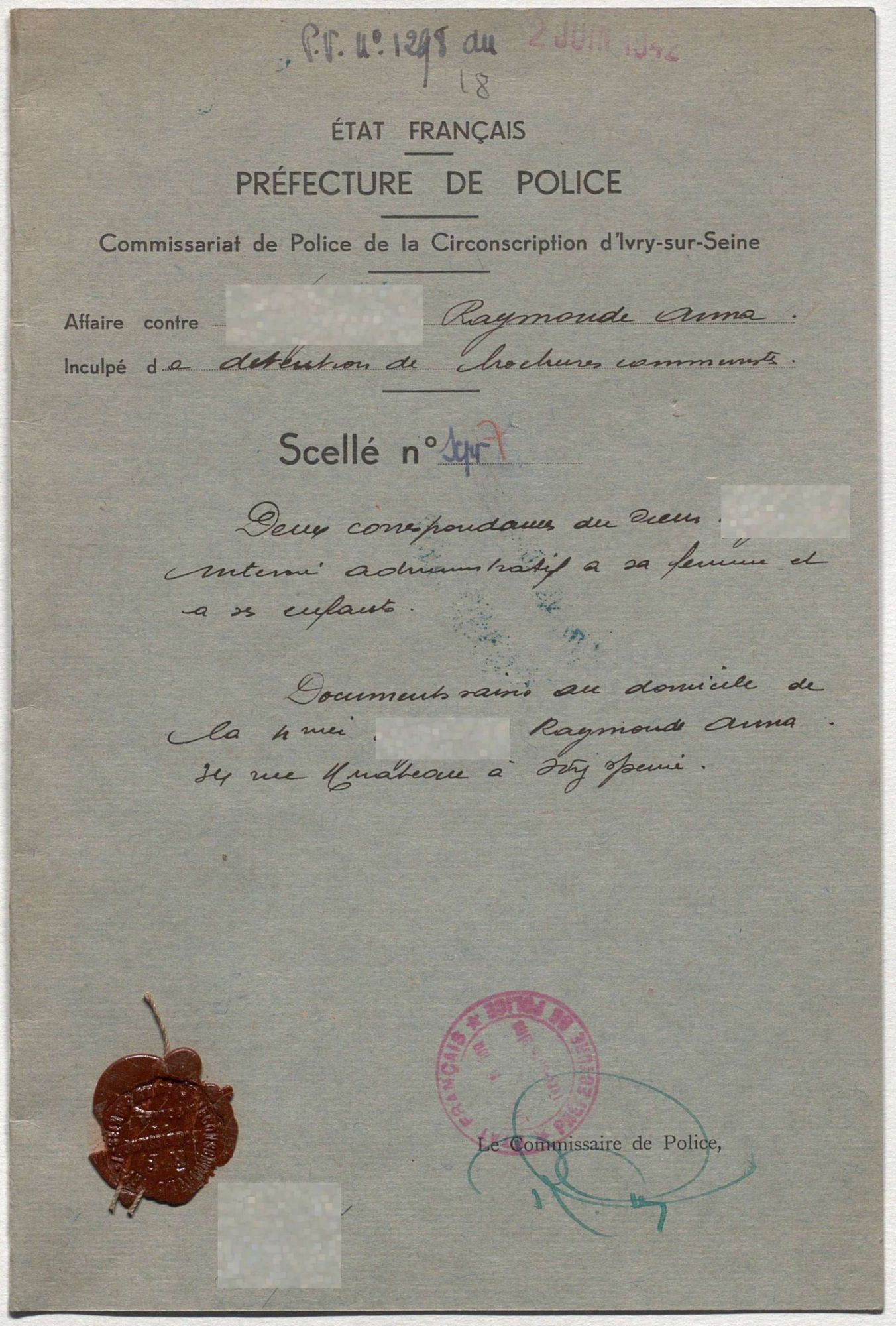 Étiquette de scellés saisis chez Raymonde, 2 juin 1942. © Archives nationales (France), Z/4/138 dossier 400.