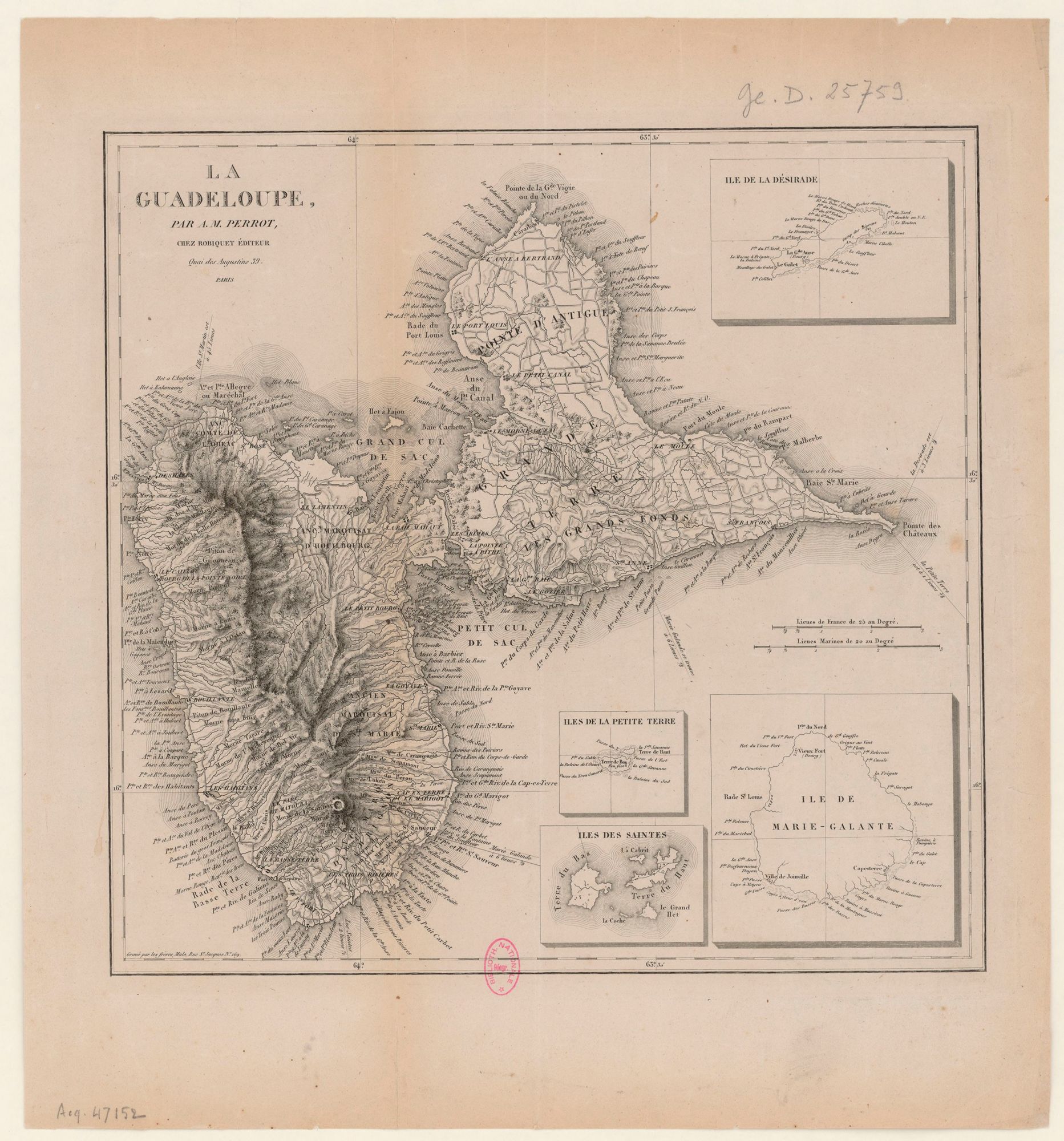 Carte de la Guadeloupe par Aristide-Michel Perrot, gravée par les frères Malo, 1840. 