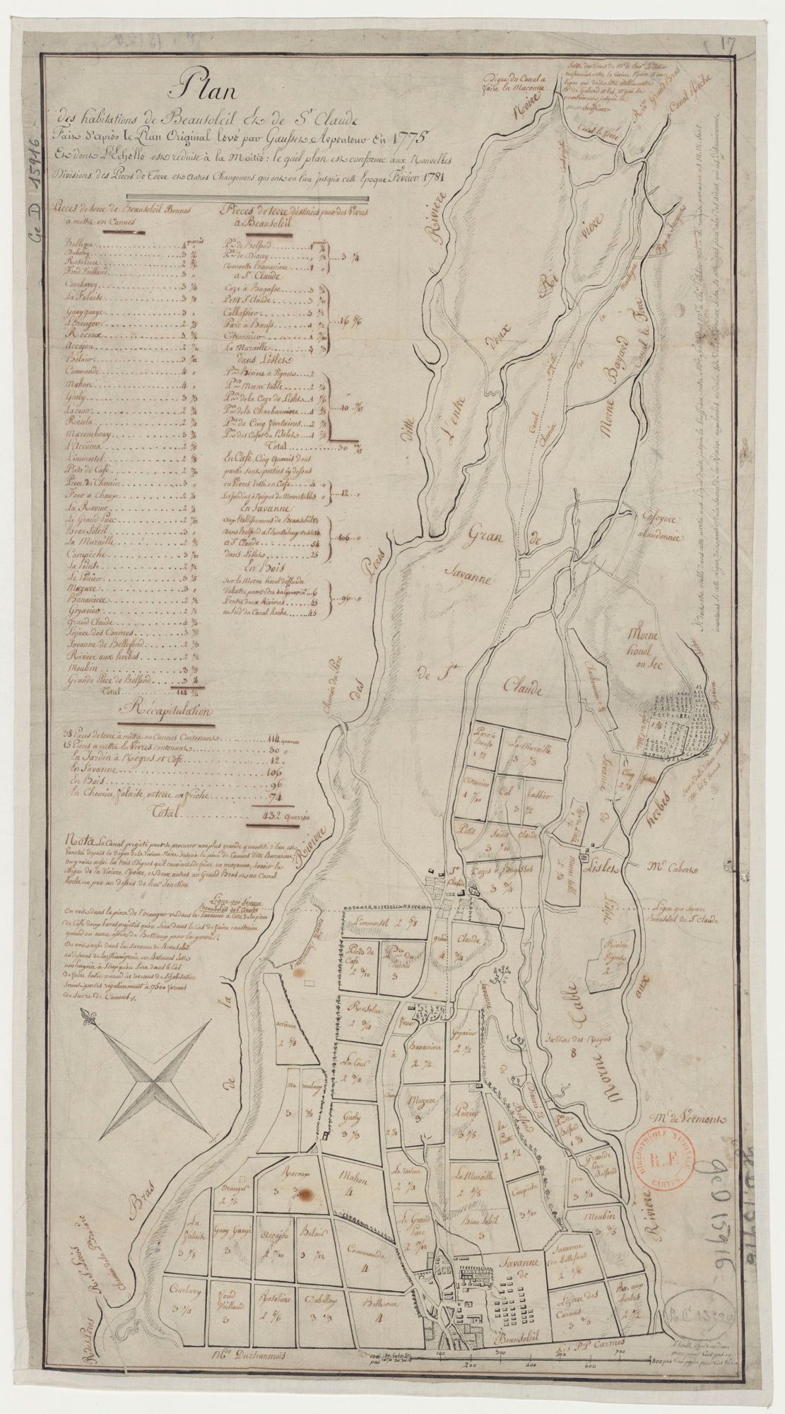 Plan des habitations de Beausoleil et de Saint-Claude, fait d’après le plan original levé par Causset en 1775. 