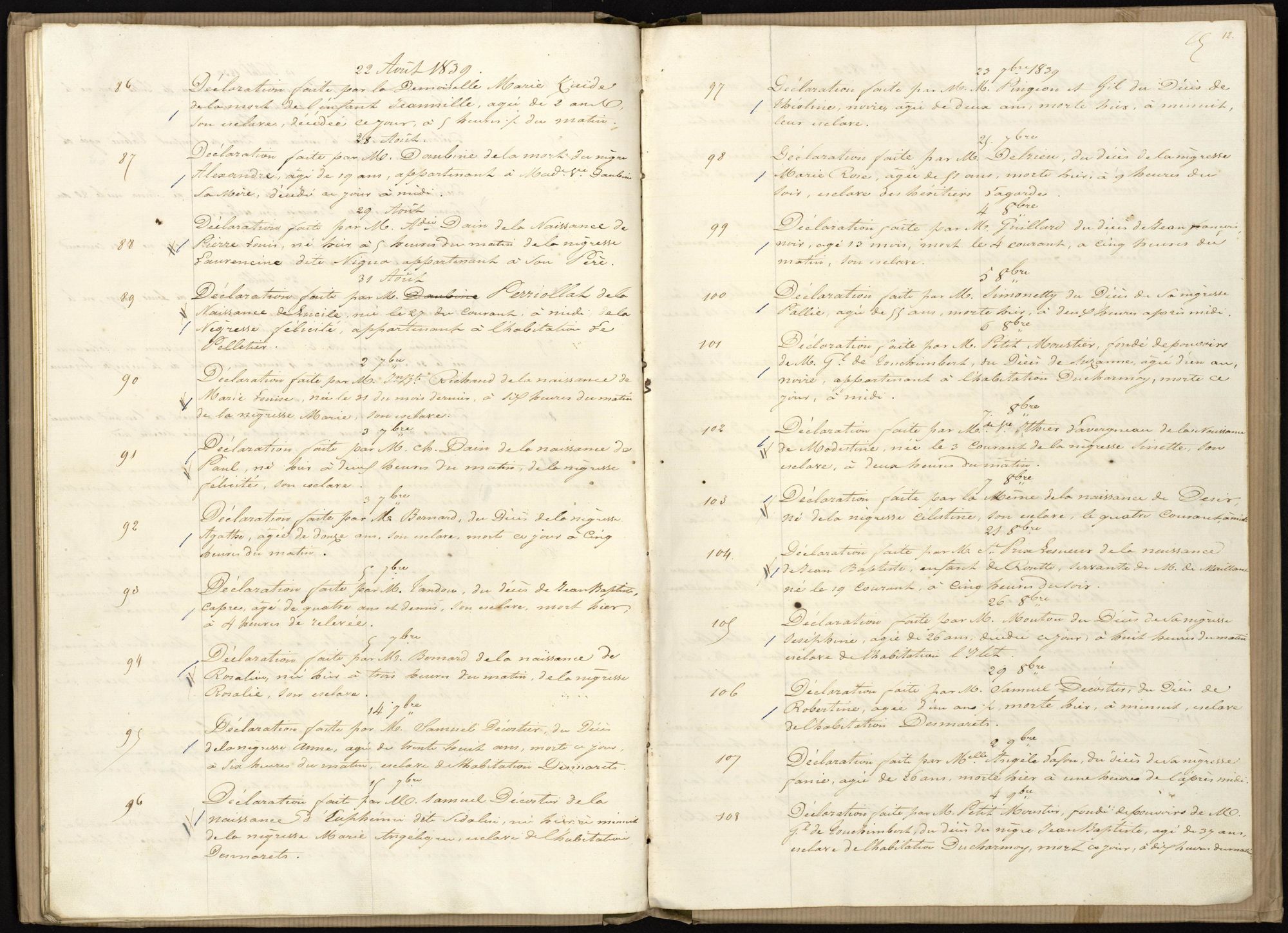 Extrait du registre des actes de naissances, décès, mariages des esclaves de la commune de Basse-Terre extra-muros (Saint-Claude), 1837-1839.