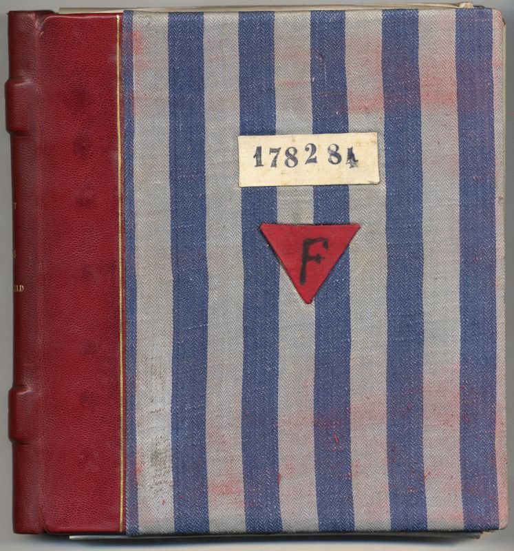 Recueil de dessins réalisés par Boris Taslitzky au camp de concentration de Buchenwald, 1946. La couverture est confectionnée à partir d'un vêtement de déporté.
