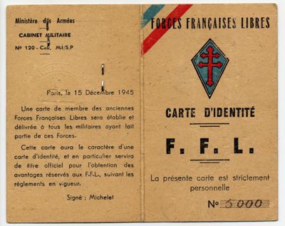 Carte d’ancien membre des Forces Françaises libres, 1946. 