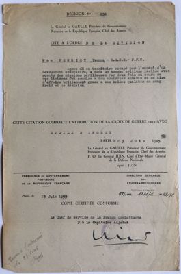 Citation attribuant la Croix de guerre à Yvonne Perriot, 23 juin 1945. 