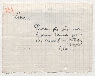 Note du résistant Maurice Gunsbourg adressée à Léone Chaix, 1941. Crédits : Archives nationales (France), Z/4/130 dossier 290.
